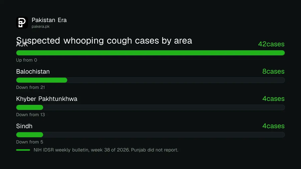 Bar chart of suspected whooping cough cases in week 38 of 2026 by area: AJK 42, Balochistan 8, Khyber Pakhtunkhwa 4, Sindh 4