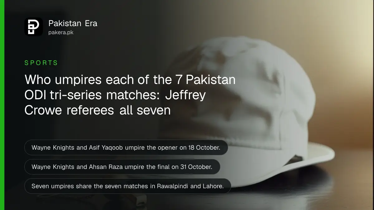 A white umpire's hat and a brass whistle on a dark wooden table, for the Pakistan ODI tri-series umpires list