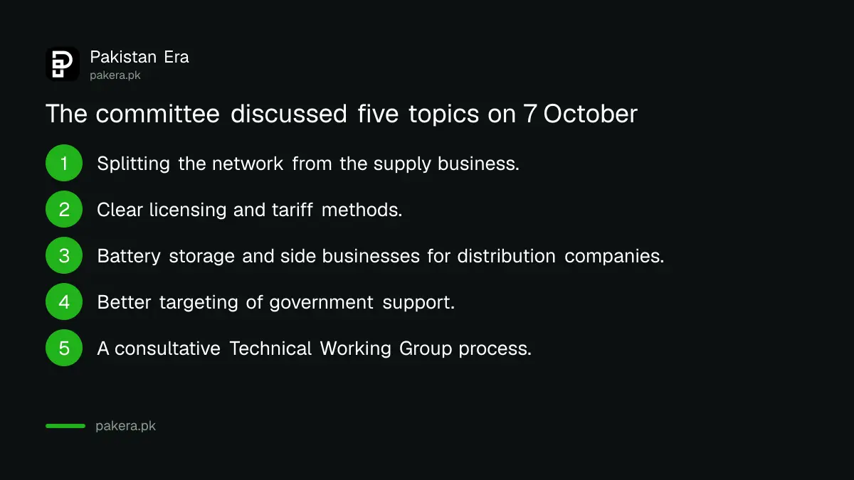 Chart of the topics the power sector steering committee discussed on 7 October 2026, from network and supply separation to battery storage
