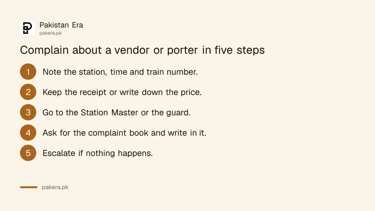 Five steps to complain about a vendor or porter at a Pakistan Railways station