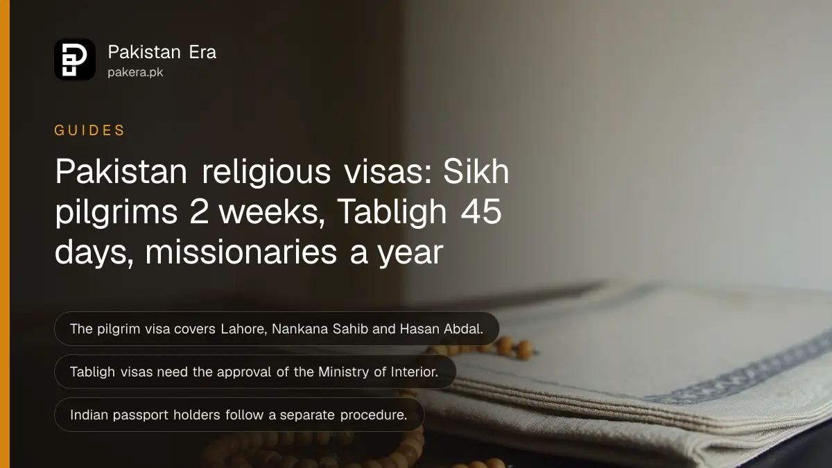 A folded plain prayer mat and wooden beads on a dark wooden table, for a guide on Pakistan religious tourism visas
