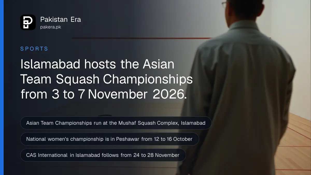 Empty glass-back squash court in Islamabad under bright lights, ahead of the Asian Team Championships