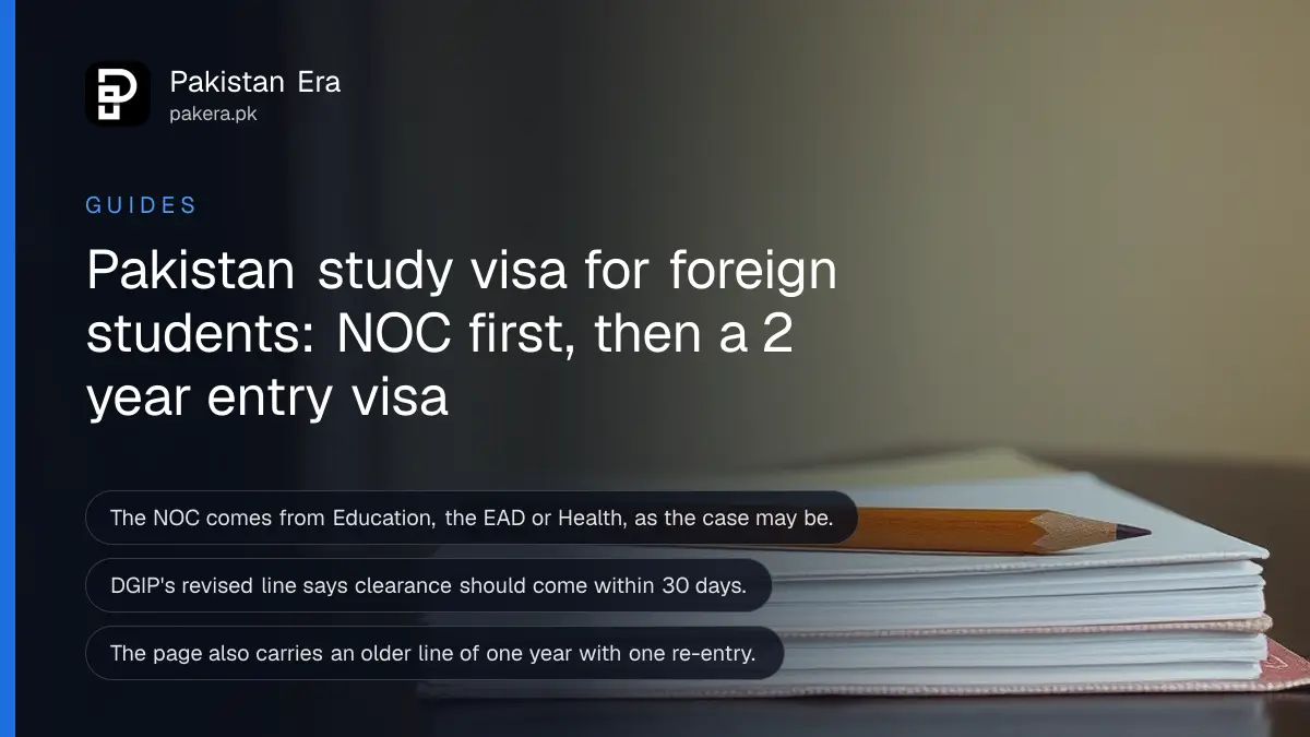 A stack of plain notebooks and a wooden pencil on a dark wooden table, for a guide on the Pakistan study visa