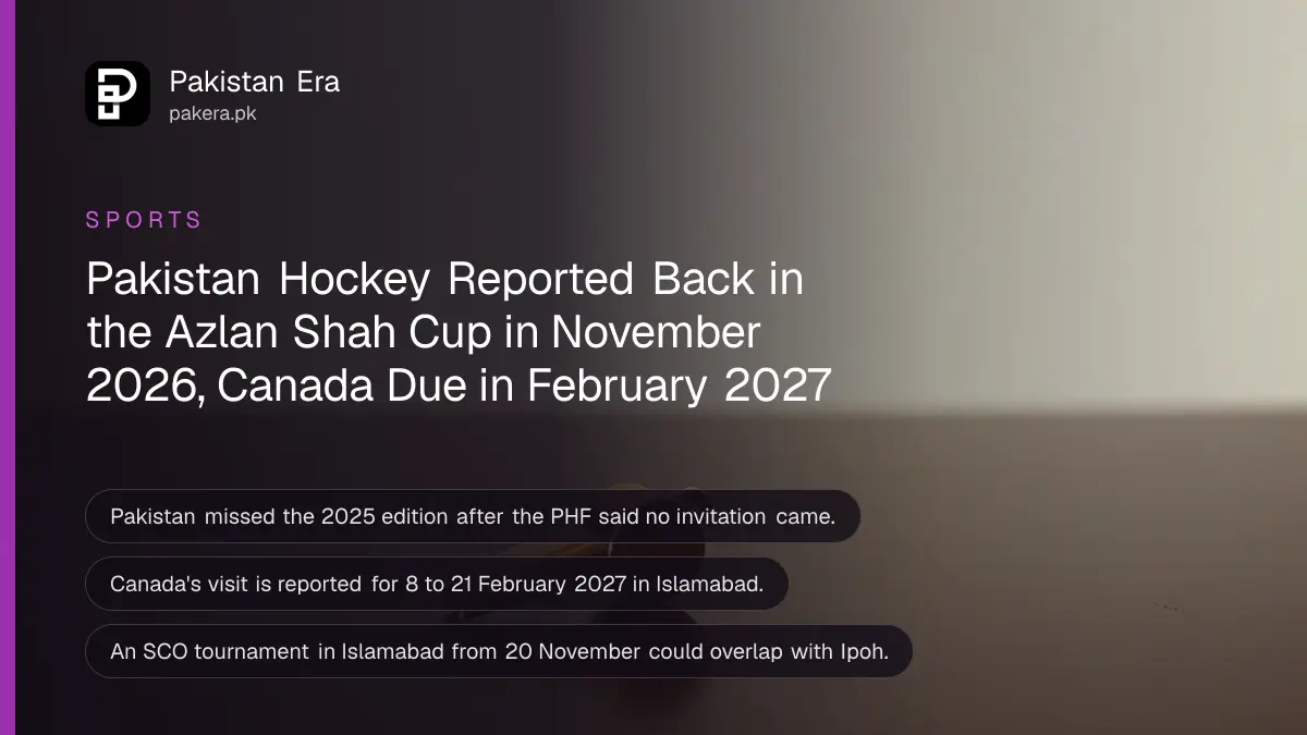 A small brass whistle on a dark wooden table, for Pakistan hockey's reported Sultan Azlan Shah Cup entry and Canada series