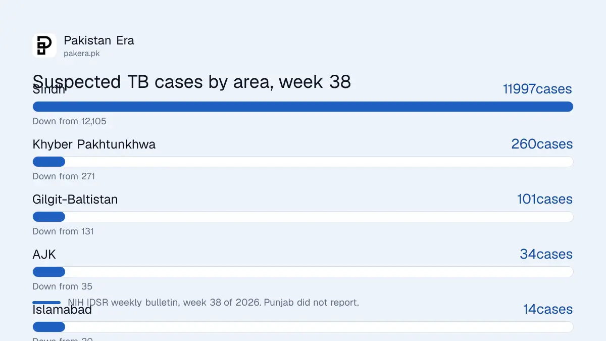 Bar chart of suspected tuberculosis cases in week 38 of 2026 by area: Sindh 11,997, Khyber Pakhtunkhwa 260, Gilgit-Baltistan 101, AJK 34, Islamabad 14, Balochistan 13