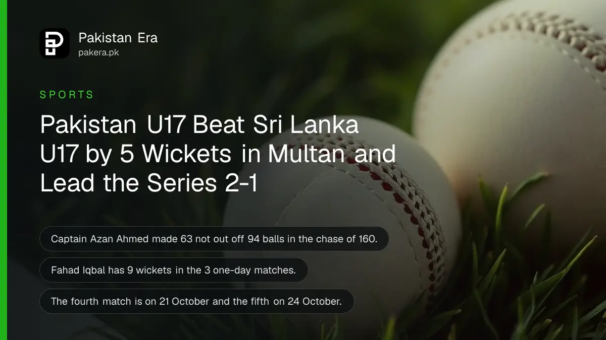 A white cricket ball on short green grass, for Pakistan U17's win over Sri Lanka U17 in Multan