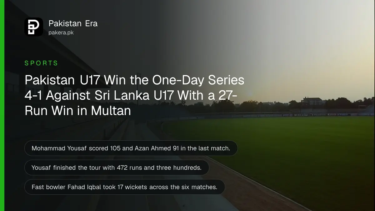Empty stands beside a green cricket field at sunset with long shadows on the grass