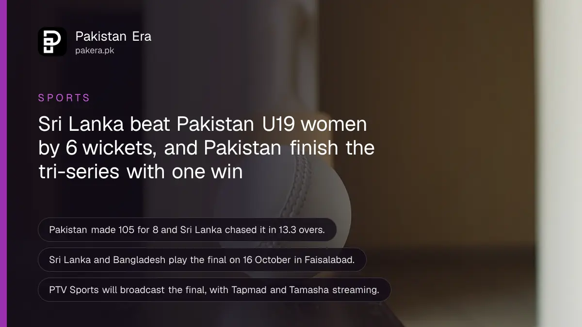 A white cricket ball and a wooden bat on a dark wooden table, for the Pakistan U19 women's tri-series report