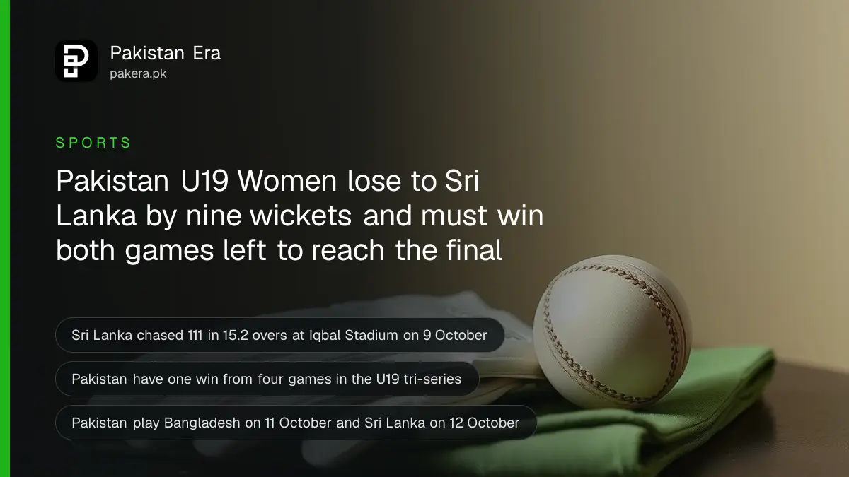 A white cricket ball and a pair of batting gloves resting on a green cloth on a wooden bench, representing women's age-group cricket in Faisalabad