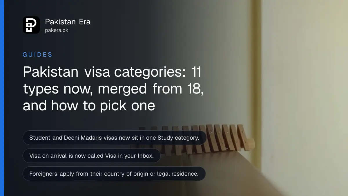 A row of small wooden pegs on a plain wooden rail, for a guide to the eleven Pakistan visa categories
