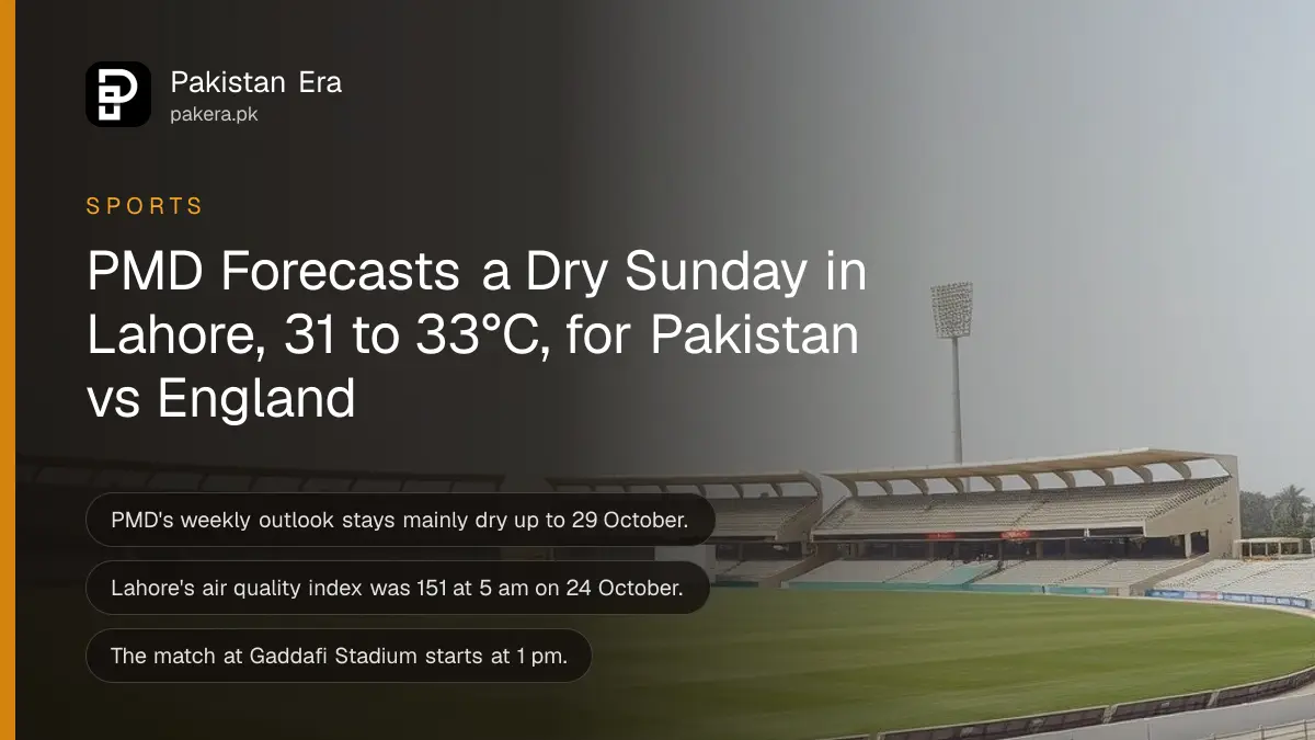 An empty cricket stadium on a bright hazy afternoon with floodlight towers and empty seats