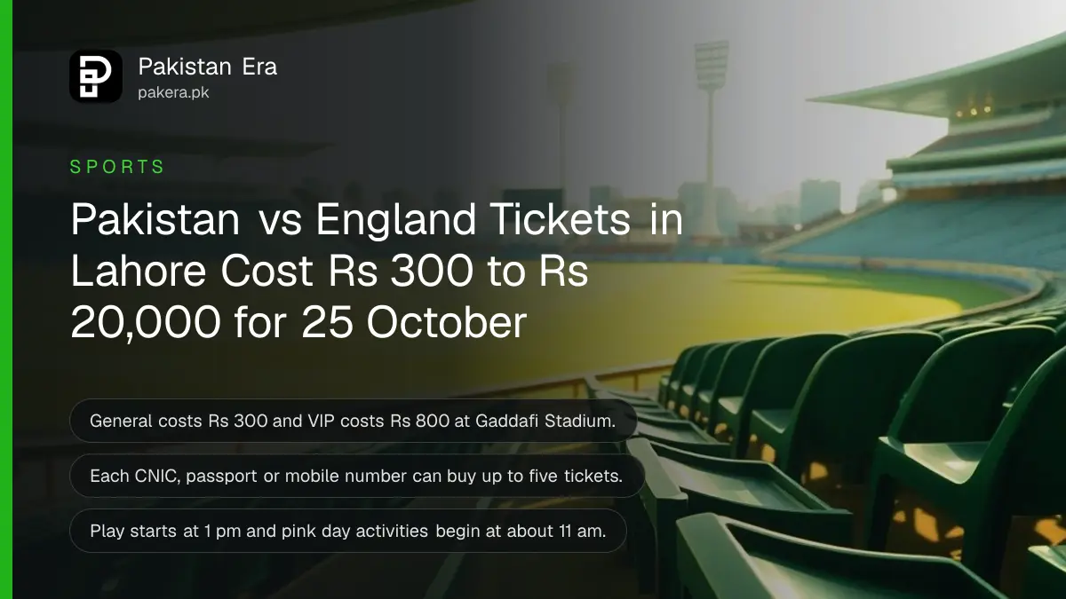 Rows of empty green seats in a cricket stadium stand in afternoon sun, for Pakistan vs England tickets in Lahore