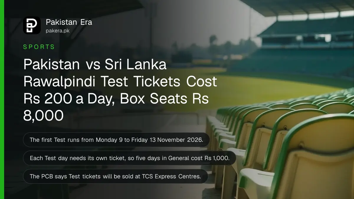 Rows of empty seats in a cricket stadium stand in morning sun, for Pakistan vs Sri Lanka Test tickets in Rawalpindi
