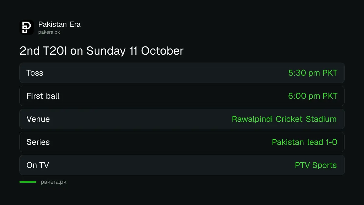 Pakistan vs Sri Lanka 2nd T20I on Sunday 11 October 2026 at Rawalpindi Cricket Stadium, toss 5:30 pm and start 6:00 pm PKT