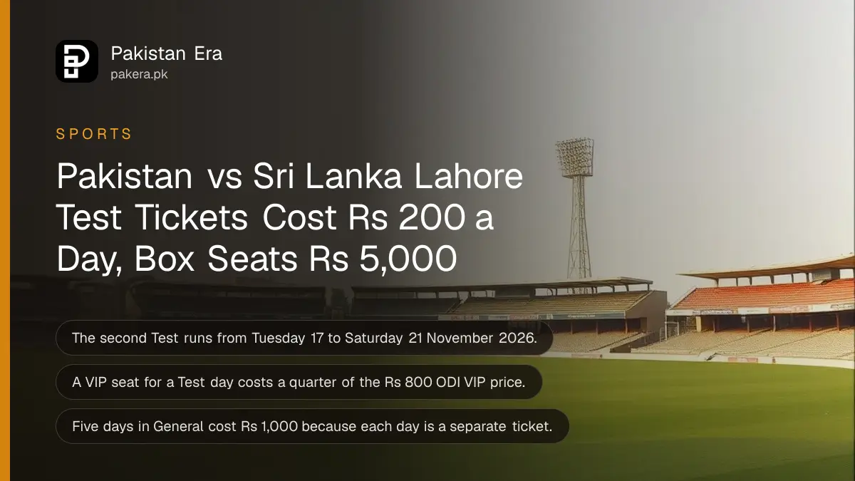 An empty cricket stadium with curved stands and floodlight towers in afternoon light, for the Lahore Test