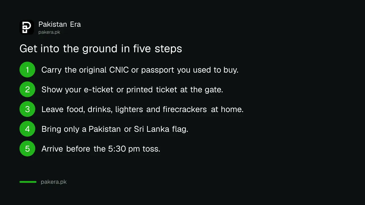 Five entry steps for the 3rd T20I at Rawalpindi Cricket Stadium: original CNIC, ticket, no banned items, team flags, arrive early