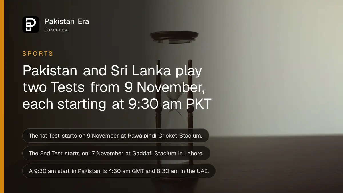 An hourglass on a dark wooden table, for a guide to the Pakistan and Sri Lanka Test start time