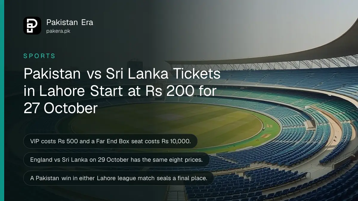An empty cricket stadium in Lahore at midday with curved rows of seats around a green outfield