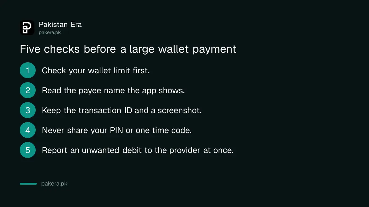 Five checks before sending a large mobile wallet payment in Pakistan