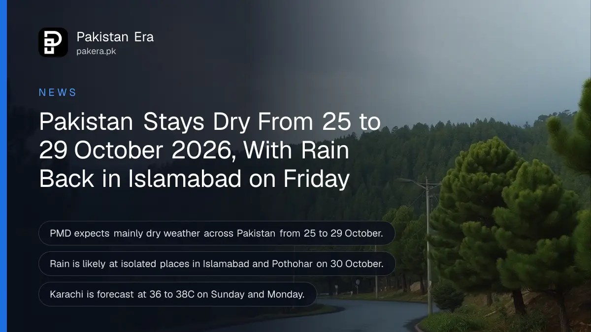 Grey rain clouds over green pine hills near Islamabad with a wet road through the trees