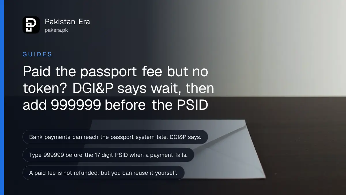 A plain white envelope on a dark wooden table, for a guide to a passport fee paid with no token in Pakistan
