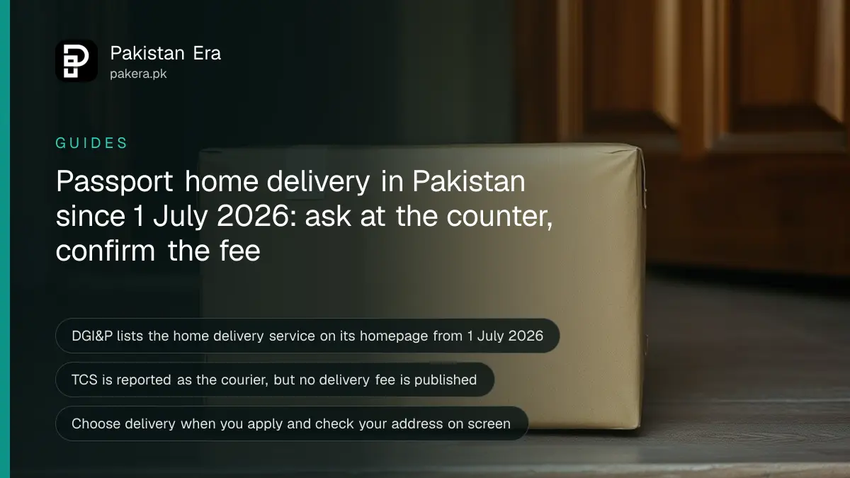 A green passport booklet and a closed cardboard parcel on a doorstep step in a quiet Pakistani street