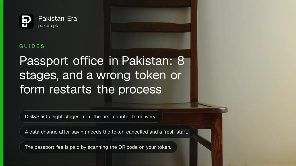 A plain wooden chair against a cream wall, for a guide on how a passport application works at a Pakistani passport office