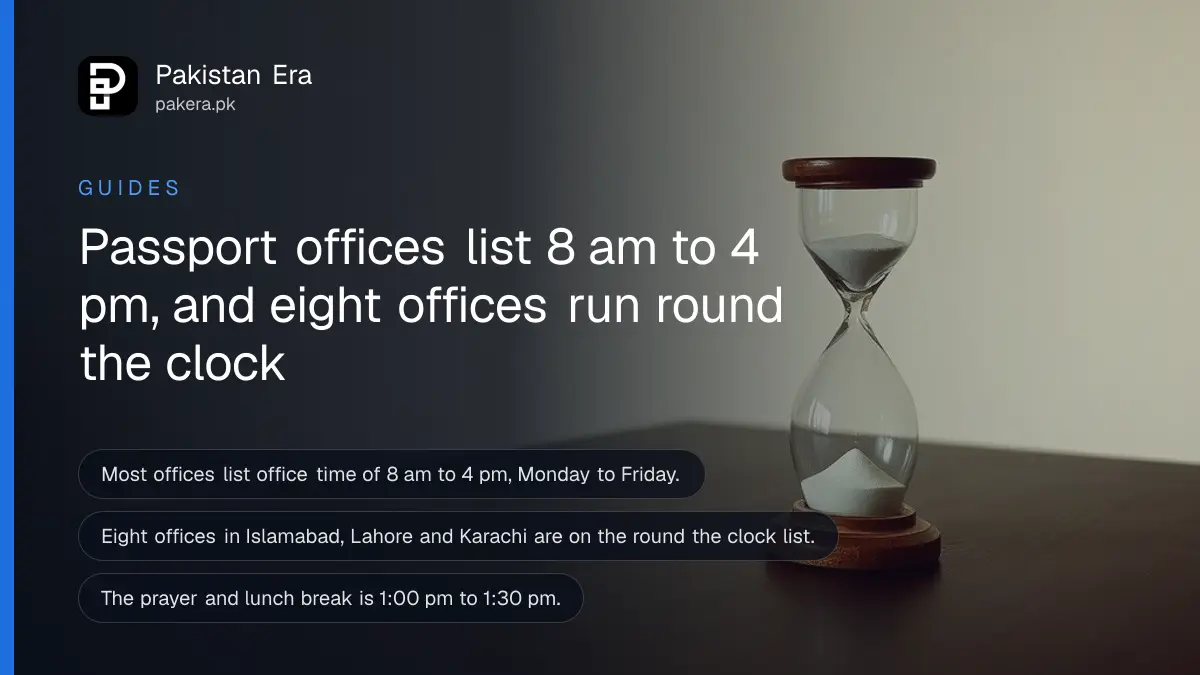 An hourglass on a dark wooden table, for a guide to passport office timings in Pakistan
