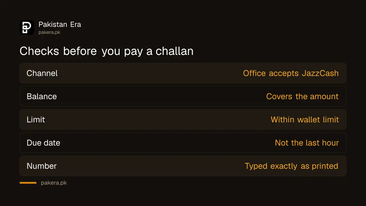 Checklist before paying a challan: balance, limit, due date and payment number