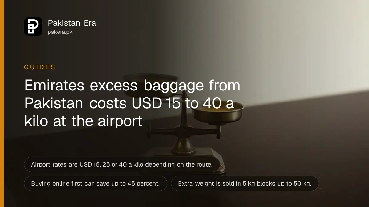 A small brass balance scale on a dark wooden table, for a guide on Emirates excess baggage charges from Pakistan