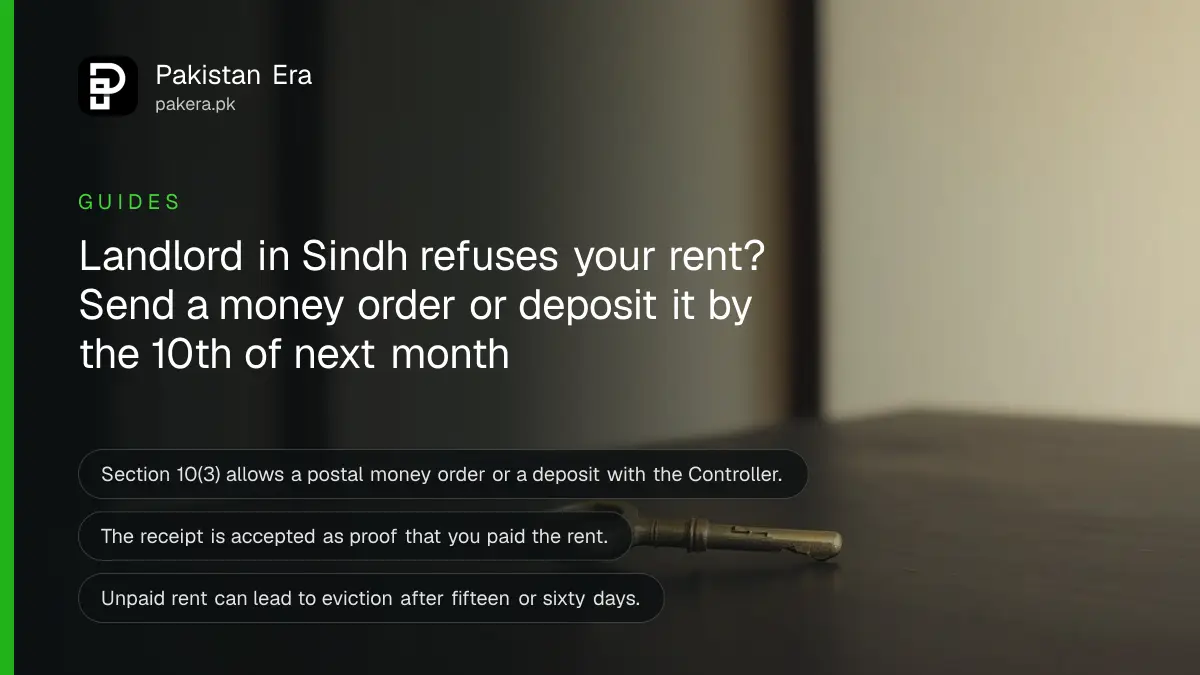 A brass key on a dark wooden table, for a guide on how to pay rent in Sindh when a landlord refuses it