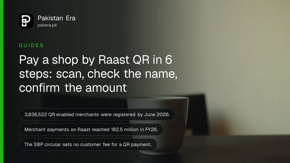 A plain empty ceramic cup on a dark wooden table, for a guide on paying a shop by Raast QR