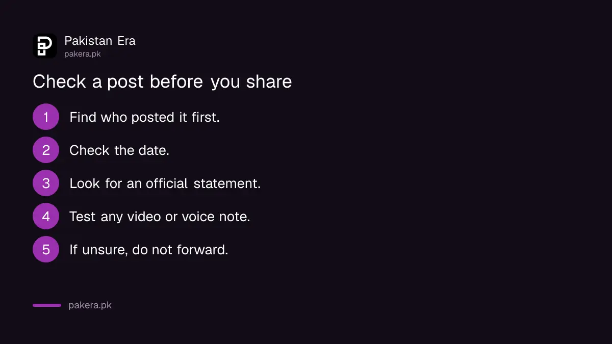 Five checks before forwarding a post: source, date, official page, media and wait
