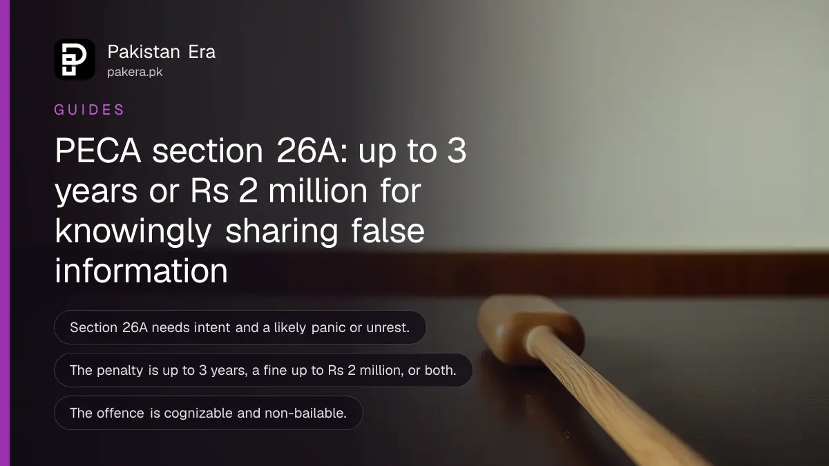 A wooden gavel on a dark wooden table, for an explainer on PECA section 26A and false information in Pakistan