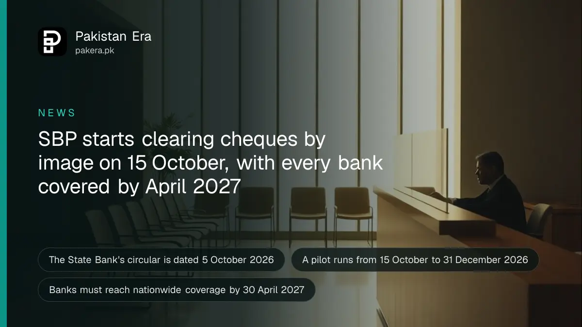 A calm bank branch interior in Karachi with a polished counter, a glass partition and a row of empty chairs in soft daylight