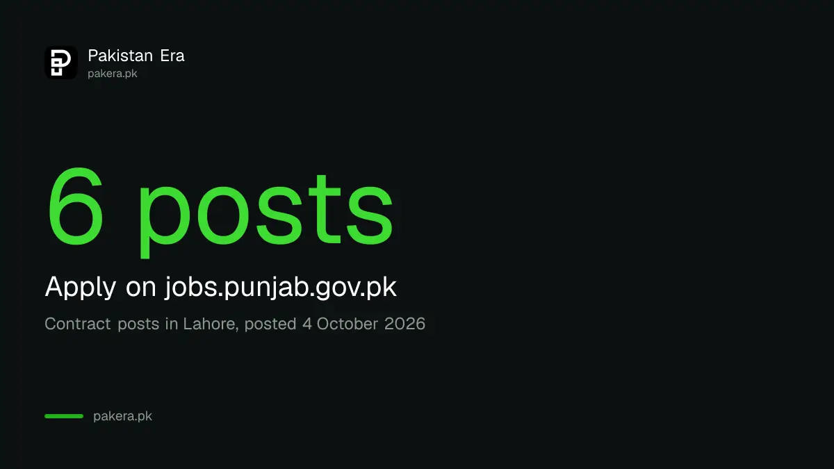 PEIMA Punjab jobs: 6 senior contract posts in Lahore, last date 26 October 2026