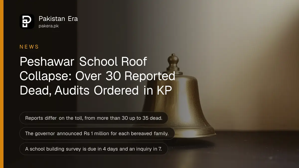 A plain brass school bell on a dark wooden table, for news of the Peshawar school roof collapse of 15 October 2026