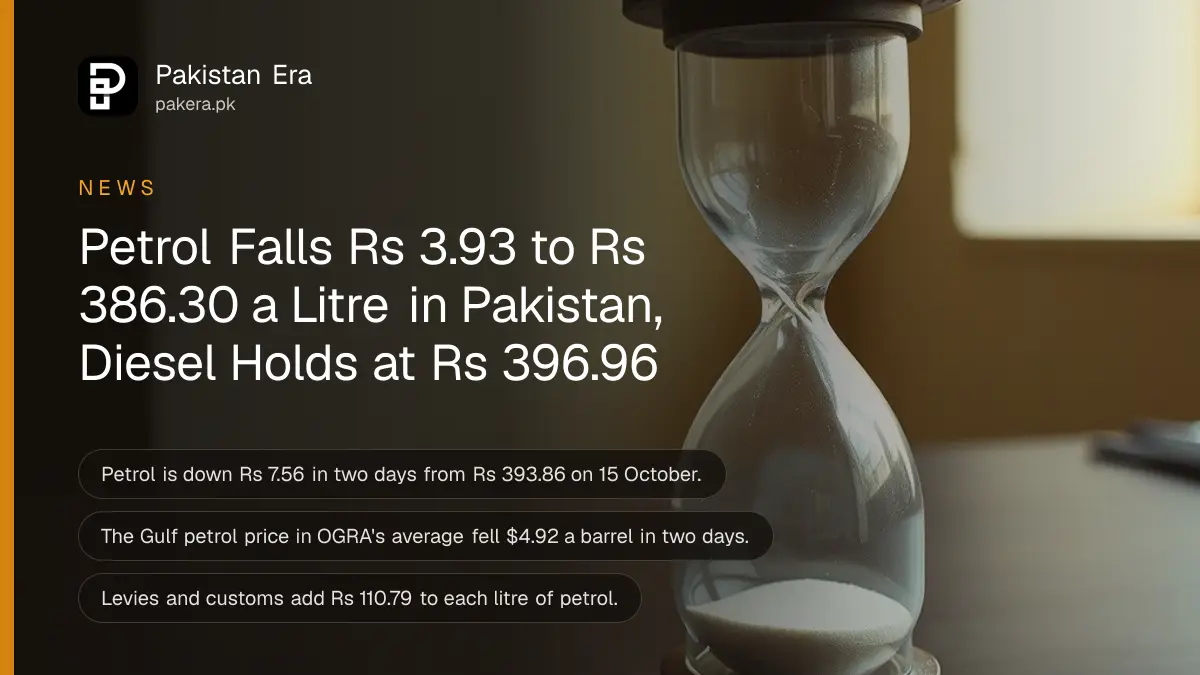 A glass hourglass on a dark wooden table, for the petrol price in Pakistan on 17 October 2026