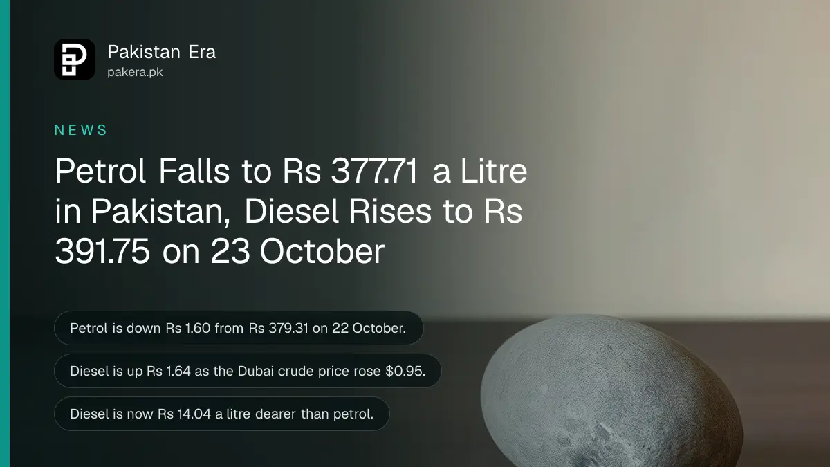 A smooth grey stone on a dark wooden table against a plain cream wall, for the petrol price in Pakistan on 23 October 2026
