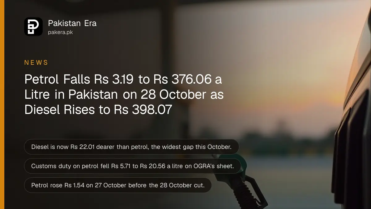 A fuel pump nozzle resting in its holder in soft dusk light, for the petrol and diesel price in Pakistan on 28 October 2026