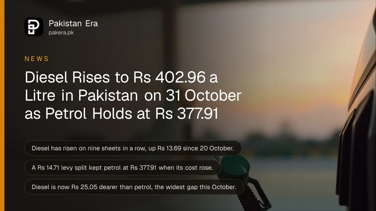 A fuel pump nozzle resting in its holder in soft dusk light, for the petrol and diesel price in Pakistan on 31 October 2026
