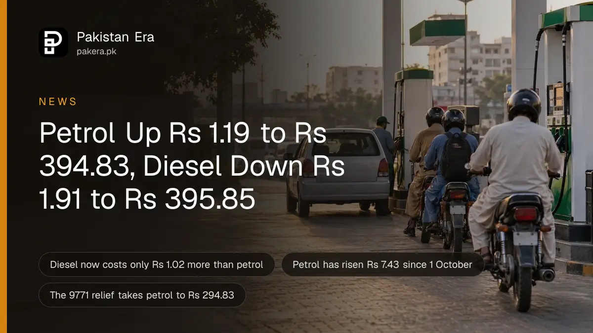 Motorcycles and a small car waiting at a petrol station on a Karachi road in early morning light, riders seen from behind