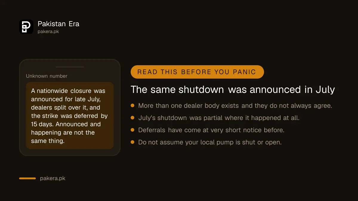 A similar nationwide petrol pump shutdown was announced in July and deferred