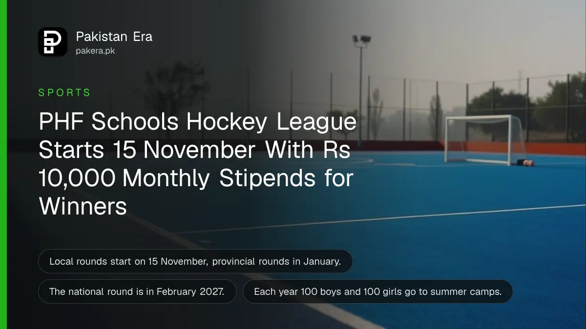 An empty blue artificial hockey pitch in early morning light with a goal and a few balls near the circle