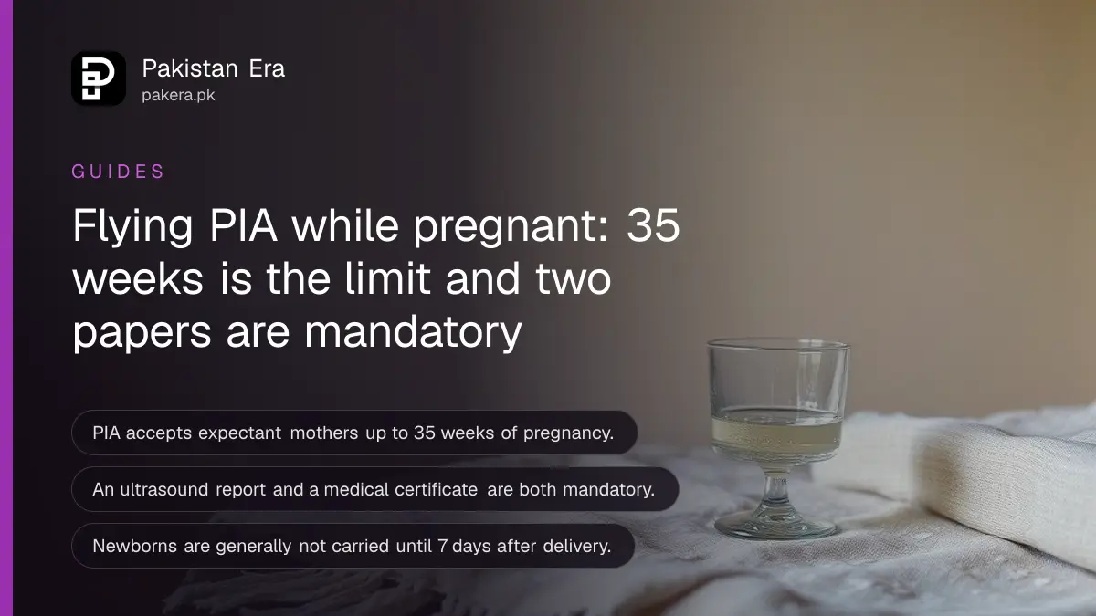 A folded shawl and a glass of water on a dark table, for a guide to PIA rules for pregnant passengers