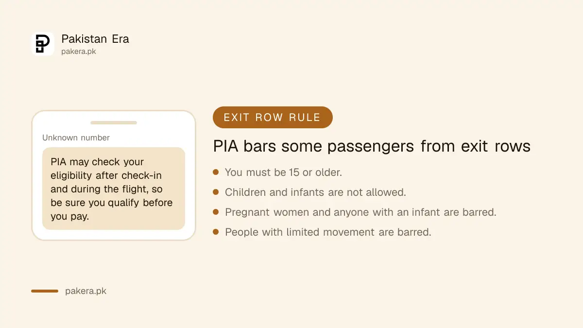 Who may sit in a PIA exit row: age 15 or over, able to open the door and help in an emergency