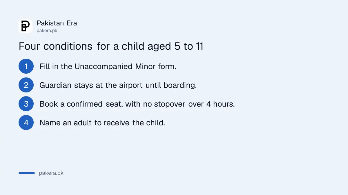 Four conditions for a child aged 5 to 11 flying alone on PIA in Pakistan