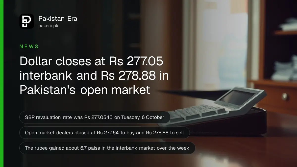 A plain calculator, a pen and a leather wallet on a wooden counter inside a Karachi currency exchange office