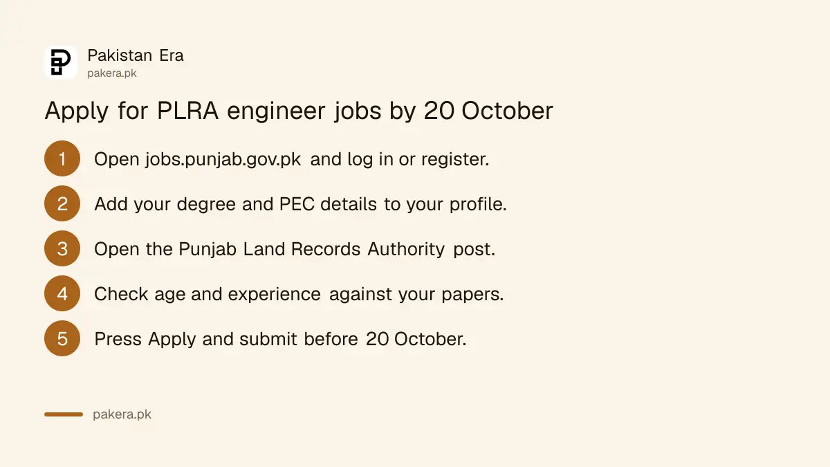 Steps to apply for Punjab Land Records Authority engineer jobs on the Punjab Job Portal before 20 October 2026