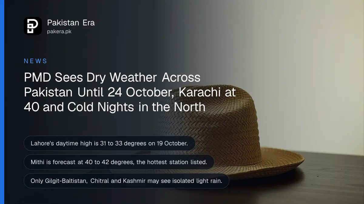 A straw hat on a dark wooden table against a plain cream wall in soft daylight, for a dry and warm week in Pakistan